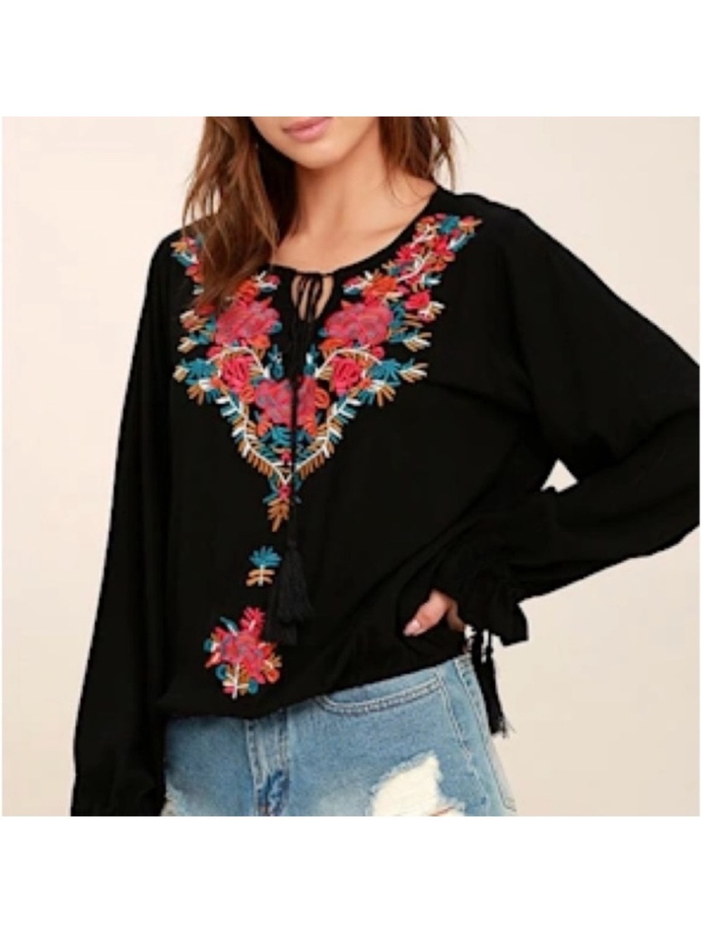 Lulu's Black Embroidered Floral V-Neck Tunic